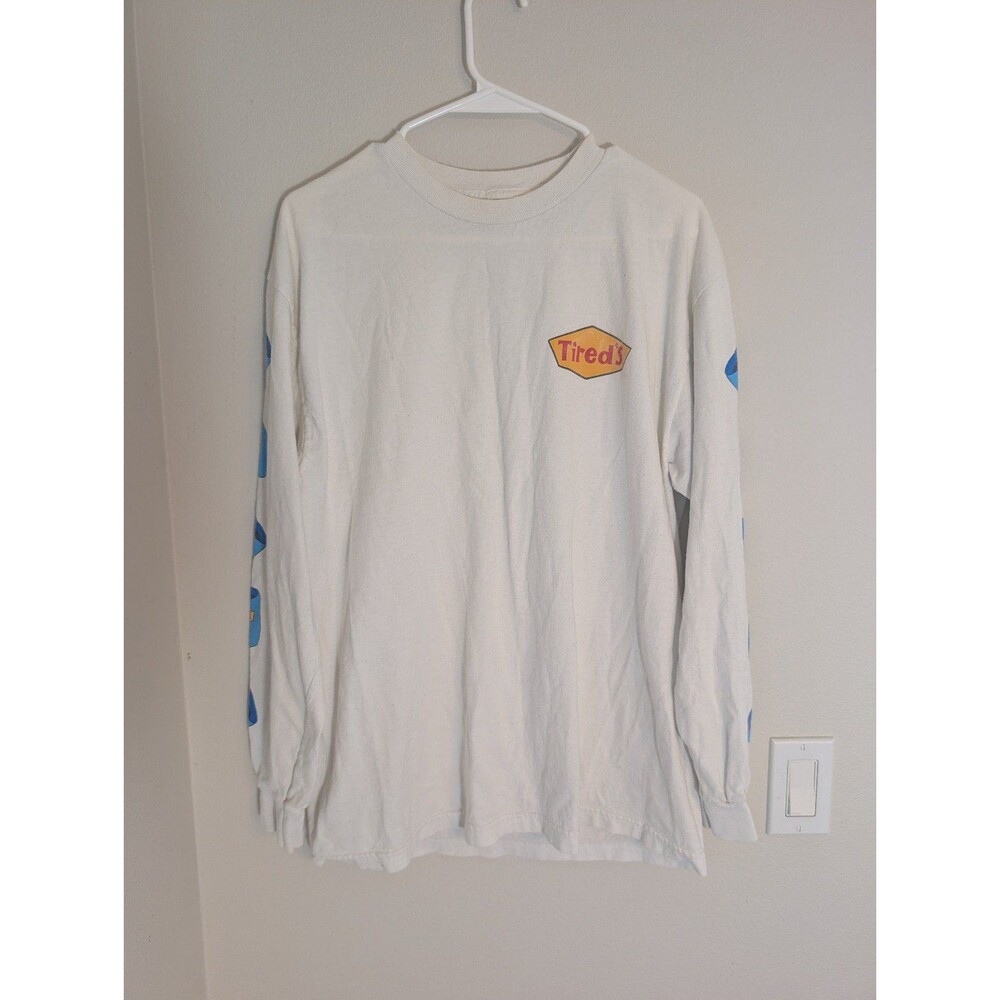 Cream Long Sleeve Graphic Tee "Tired's" Logo Coffee Mug Sleeve Print